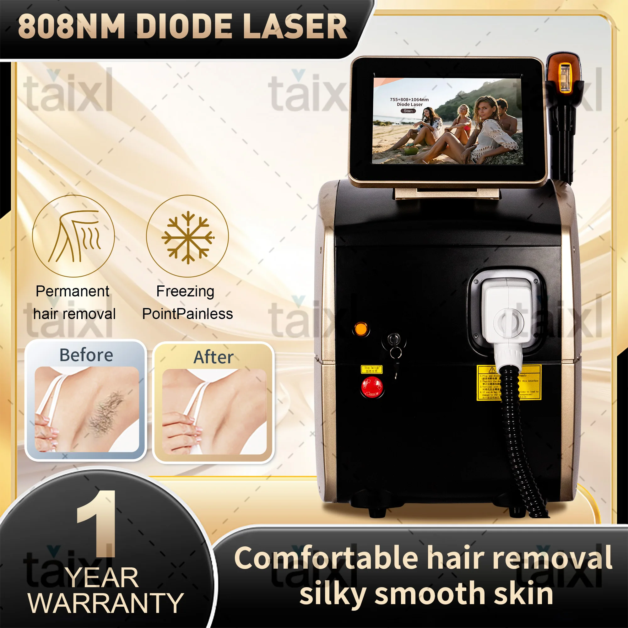 

808nm diode hair removal machine with 3 wavelengths, constant temperature cooling, efficient and painless permanent hair removal