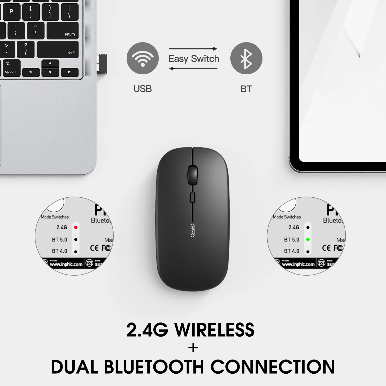 INPHIC M1PRO Bluetooth Wireless Mouse Rechargeable 2.4G+Bluetooth Tri- Mode Mute 1600 DPI Optical Mouse