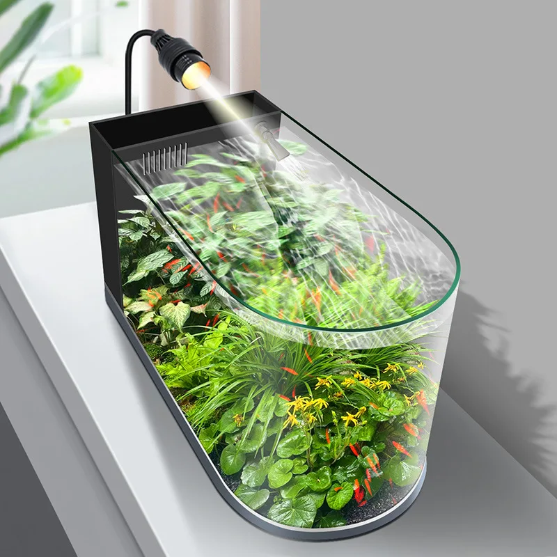 Curved glass fish tank desktop small betta goldfish tank integrated lazy ecological aquarium