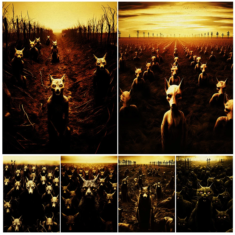 

Creepy Wolves And Cats Vintage Wall Art Canvas Print Mysterious Animal Corps Horror Gothic Art Poster Print Home Decor Unframed