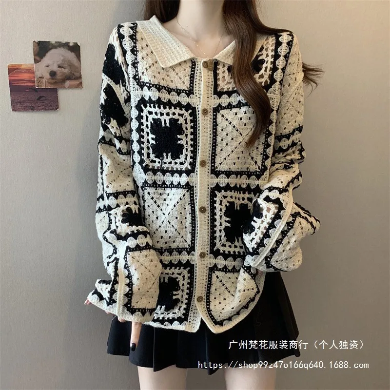 

Autumn Women's Clothing Cardigan For Women Floral Lace Grid Pattern Knitwear Neck Long Sleeve Loose Fit Sweater Outerwear