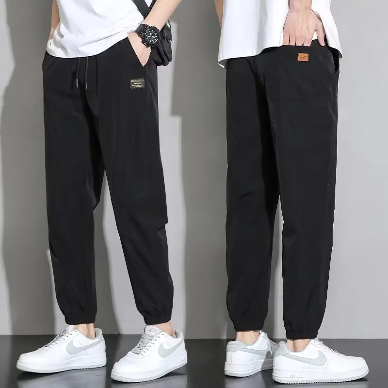 

Ice Silk Men's Summer Thin Sports Casual Pants Qui Dry Nine Points Spring Autumn Loose Fit Elastic Waist Polyester Fiber