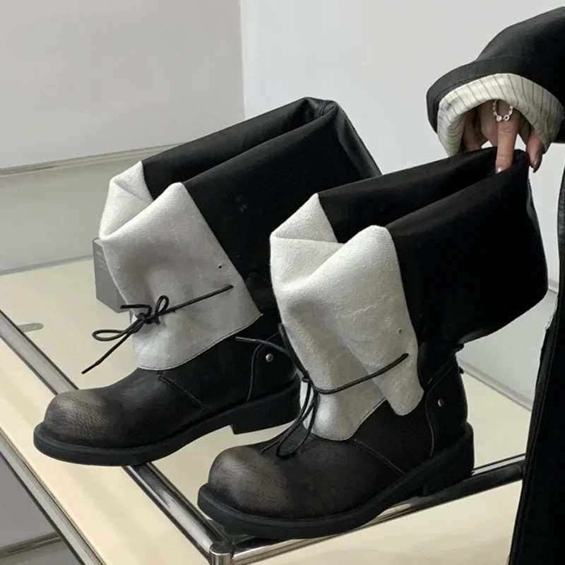 Winter Turned-over Edge Detail Ankle Boots Women Thick Square Heel Lace-Up High Boots Pleated Foldable Botines Zapatos Mujer