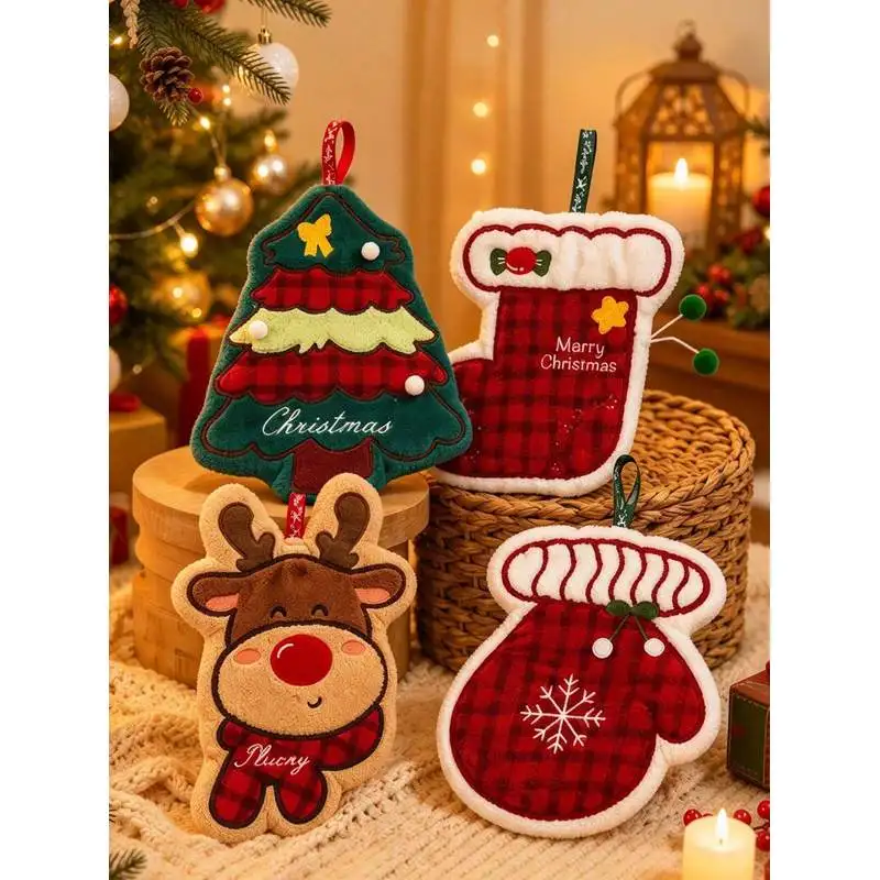 1 Christmas hanging hand towel，Cute reindeer Christmas tree gloves and socks shaped towel，Quick-drying decorative towel，Winte