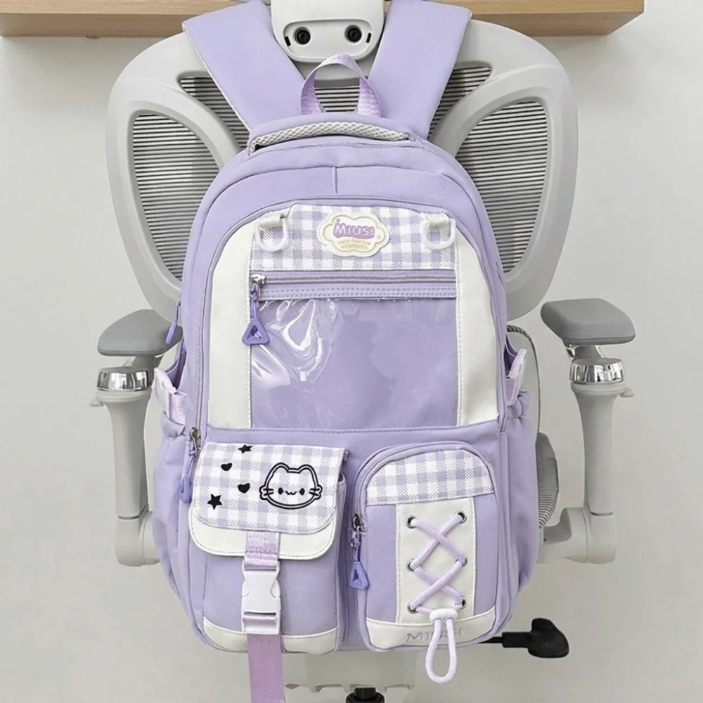 Preppy Style Multi-Compartment School Backpack Lightweight Multi-Pocket Rucksack Zipper Large Capacity Plaid Color Block Daypack