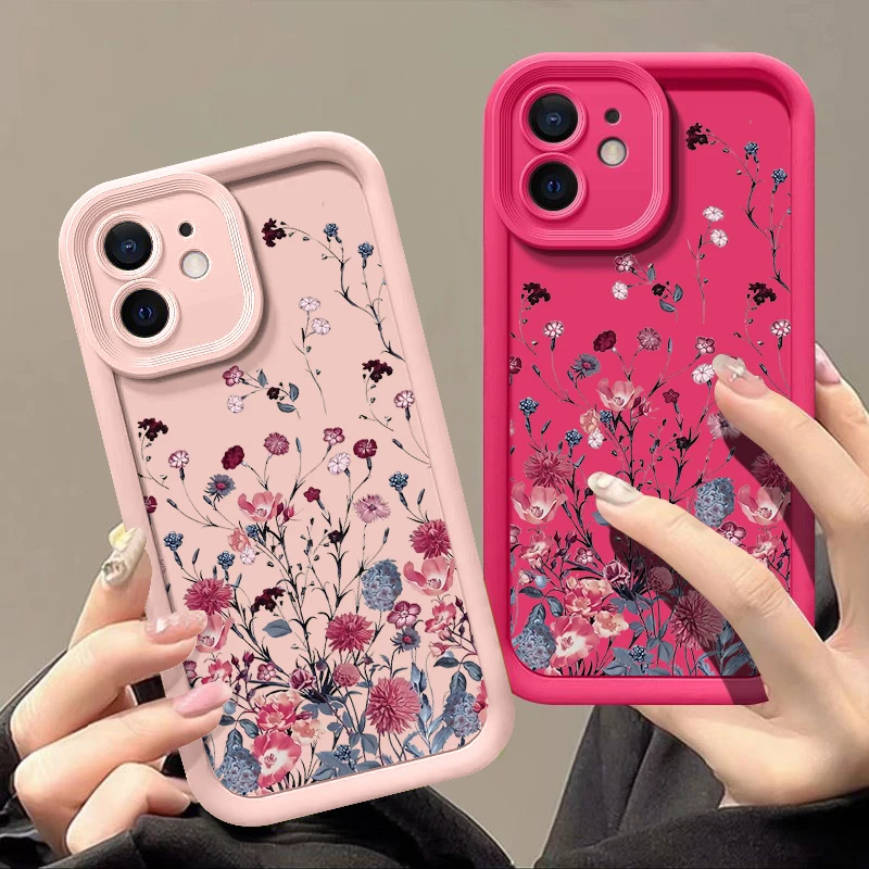 Shockproof Bumper Red Flower Case For iPhone 15 Pro Max Coque iPhone 16 11 12 13 14 Pro Max Luxury Soft Silicone Phone Cover