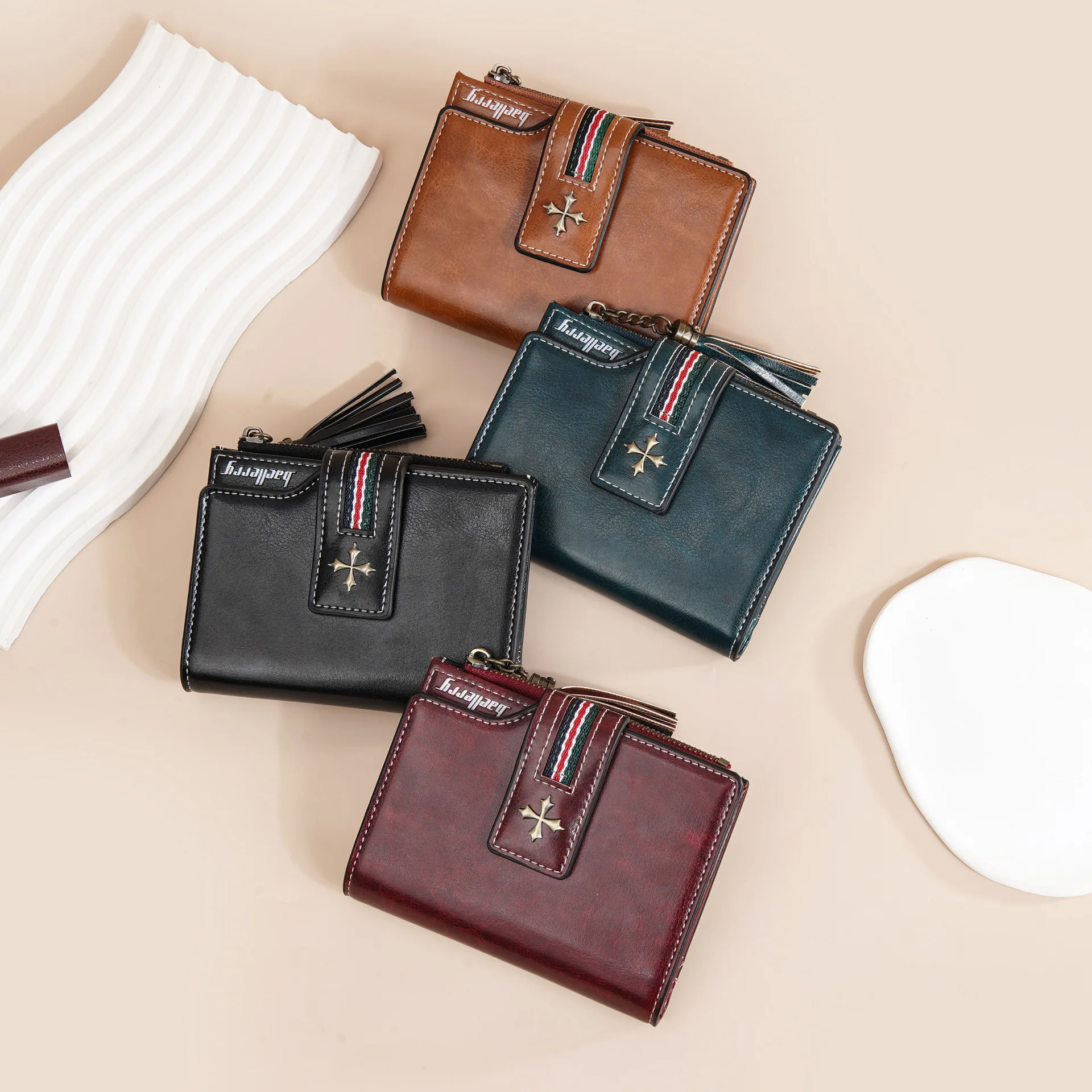Neue PU-Damenbrieftasche mit Ölwachs-Lederquasten, Modische Dreifach Gefaltete Kurze Geldbörse, Mehrfach-Fach Reißverschluss-Münzbörse – Detail 1