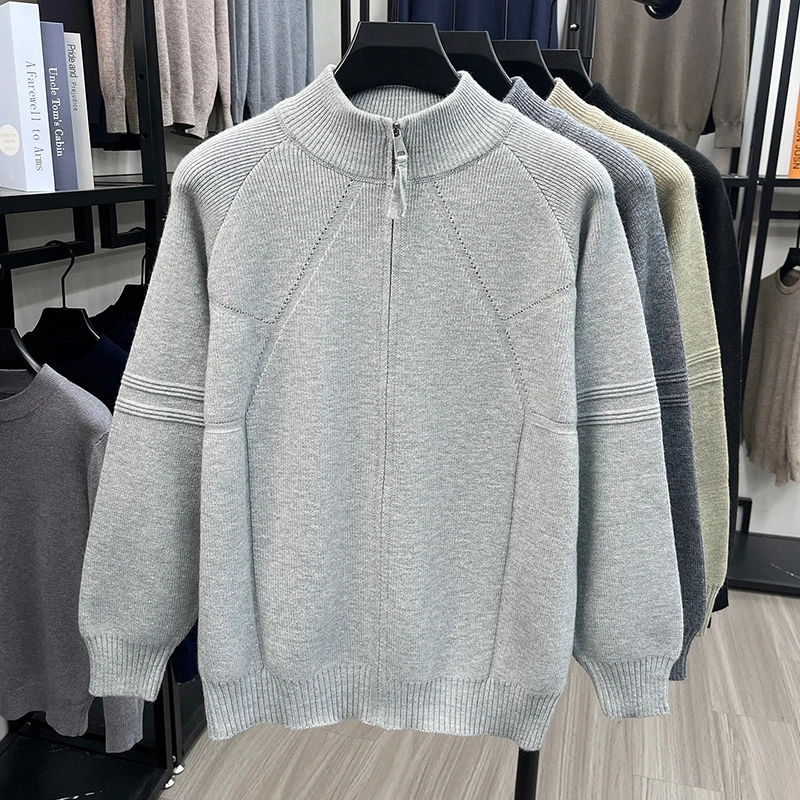 High Quality solid color knitted men's cardigan luxurious fashion comfort warm autumn winter semi high neck zipper sweater coat