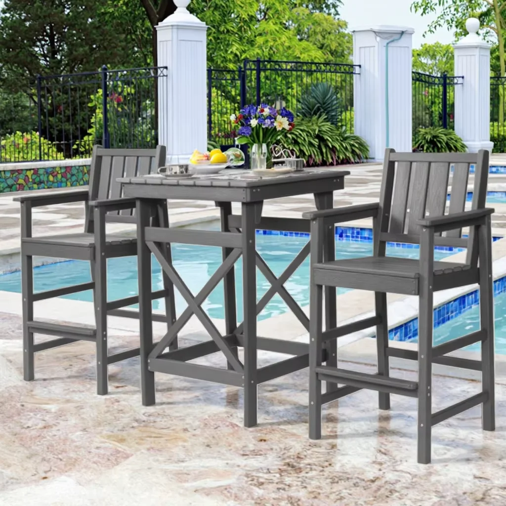 3 قطعة مجموعة بار حمام السباحة المريحة في الهواء الطلق 1 طاولة صرف شرائحية 2 مقعد مع مسند للقدمين للاستخدام في الفناء أو المستودعات