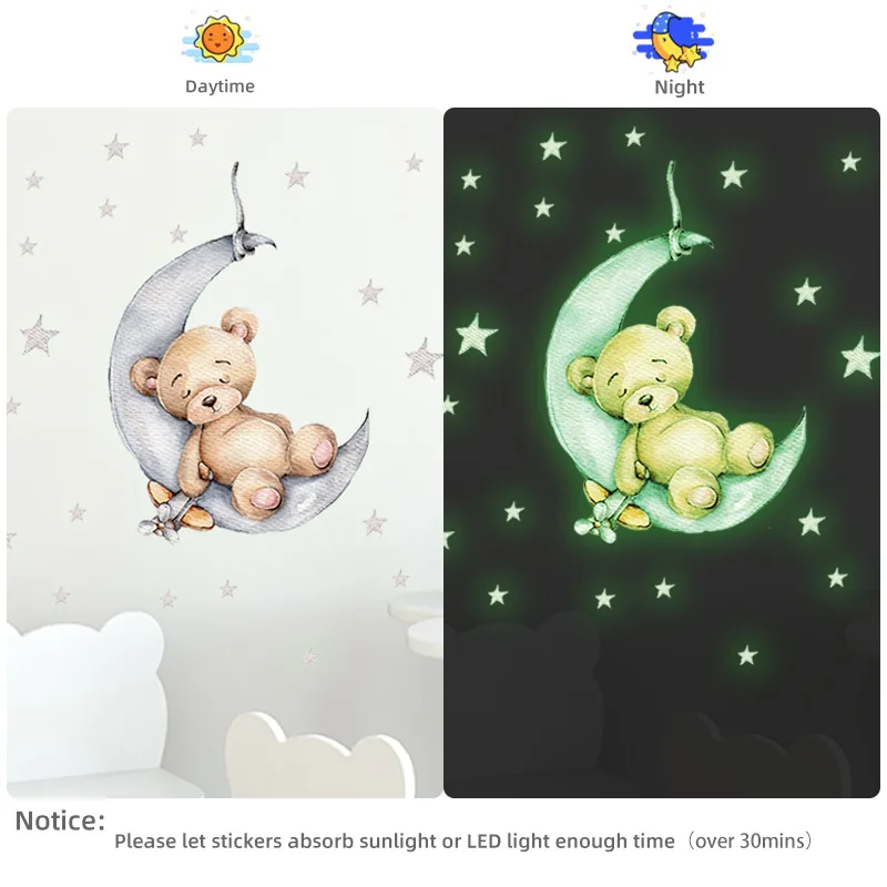 Cartoon Teddy Bear Sleeping on the Moon and Stars Luminous Wall Stickers Glow In The Dark For Children Room Fluorescent Decals