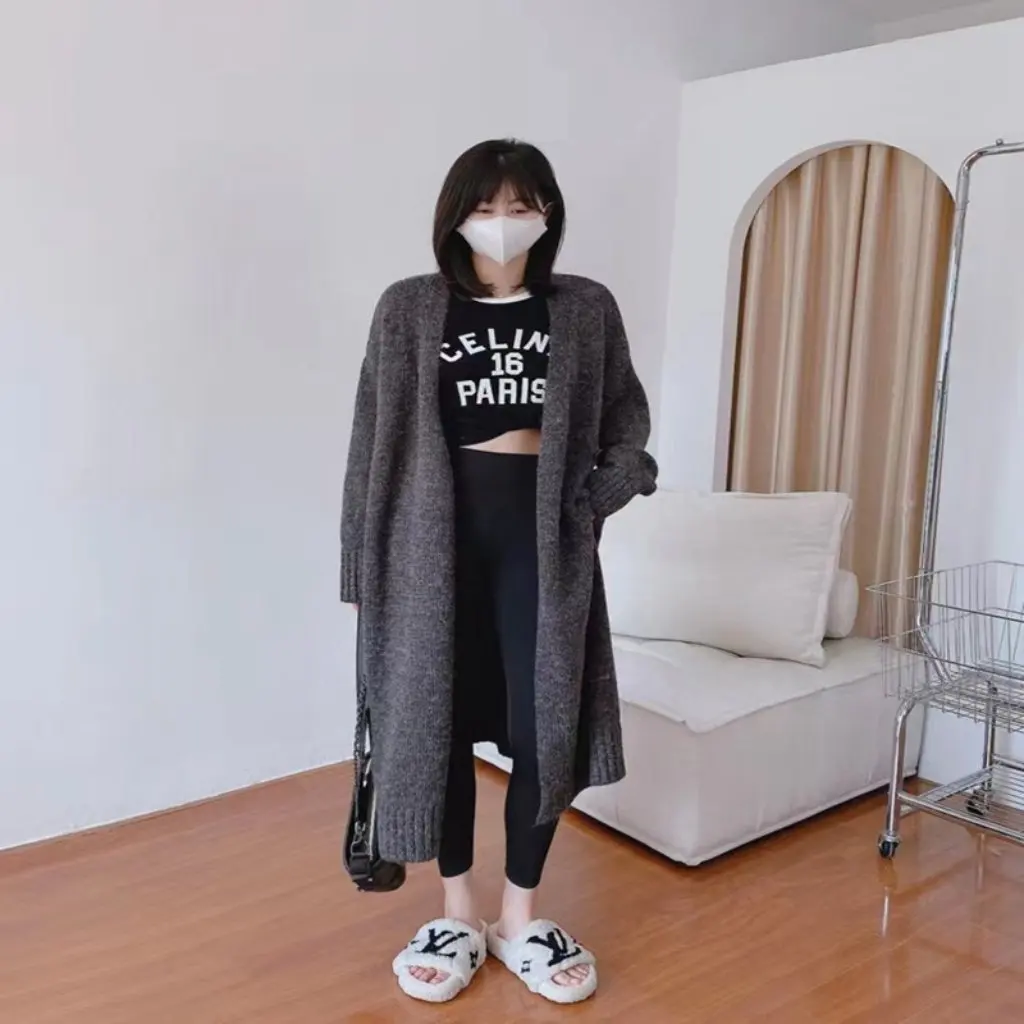 

Korean Style Thick Lazy Large Sweater Soft Nuo Pullover Long Sleeve Wool Cardigan Coat Mid-Length Loose Fit for Women