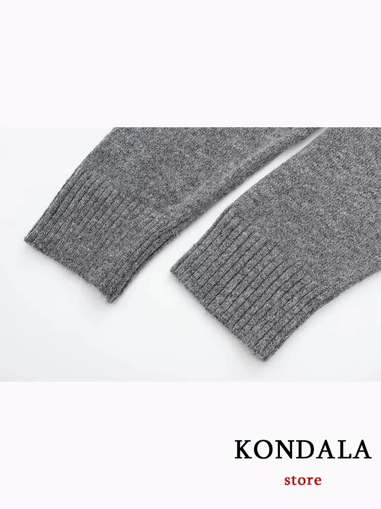 KONDALA Casual Chic Gray Knitted Women Suit Long Sleeve Turtleneck Sweaters Straight Mini Skirt Fashion 2023 Autumn Winter Sets