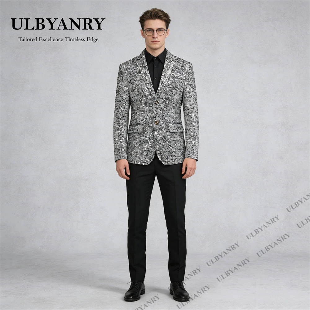 Silver Sequined Men's Suit Jacket for Stage Performance, Cocktail Party Gathering Formal Suit Blazer M-6XL Wedding Guest Suit