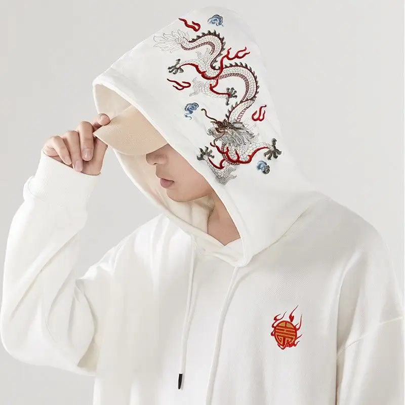 Embroiderey Hoodies Men Dragon Retro Hooded Cool Chinese Streetwear Sweatshirt Hip Hop Hoody Male Loose Autumn 2022 New