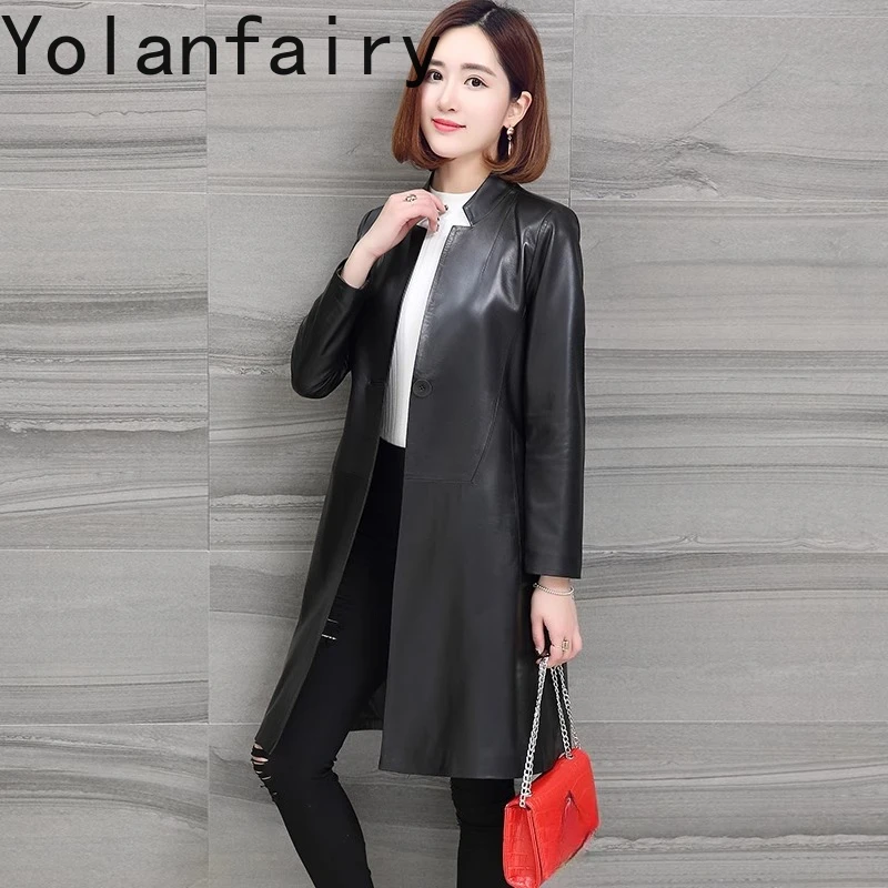 YOLANFAIRY High Quality Real Sheepskin Leather Tench Coat Woman Spring Autumn Mid-length Genuine Leather Jacket Women Slim-fit