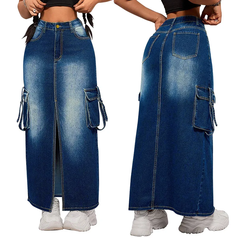 Denim Cargo Skirts Women Long Skirt A Line Slim Fit Hip Wrap Split Button Elegant Splice Pockets Slim Fit Beach Work Summer 2026
