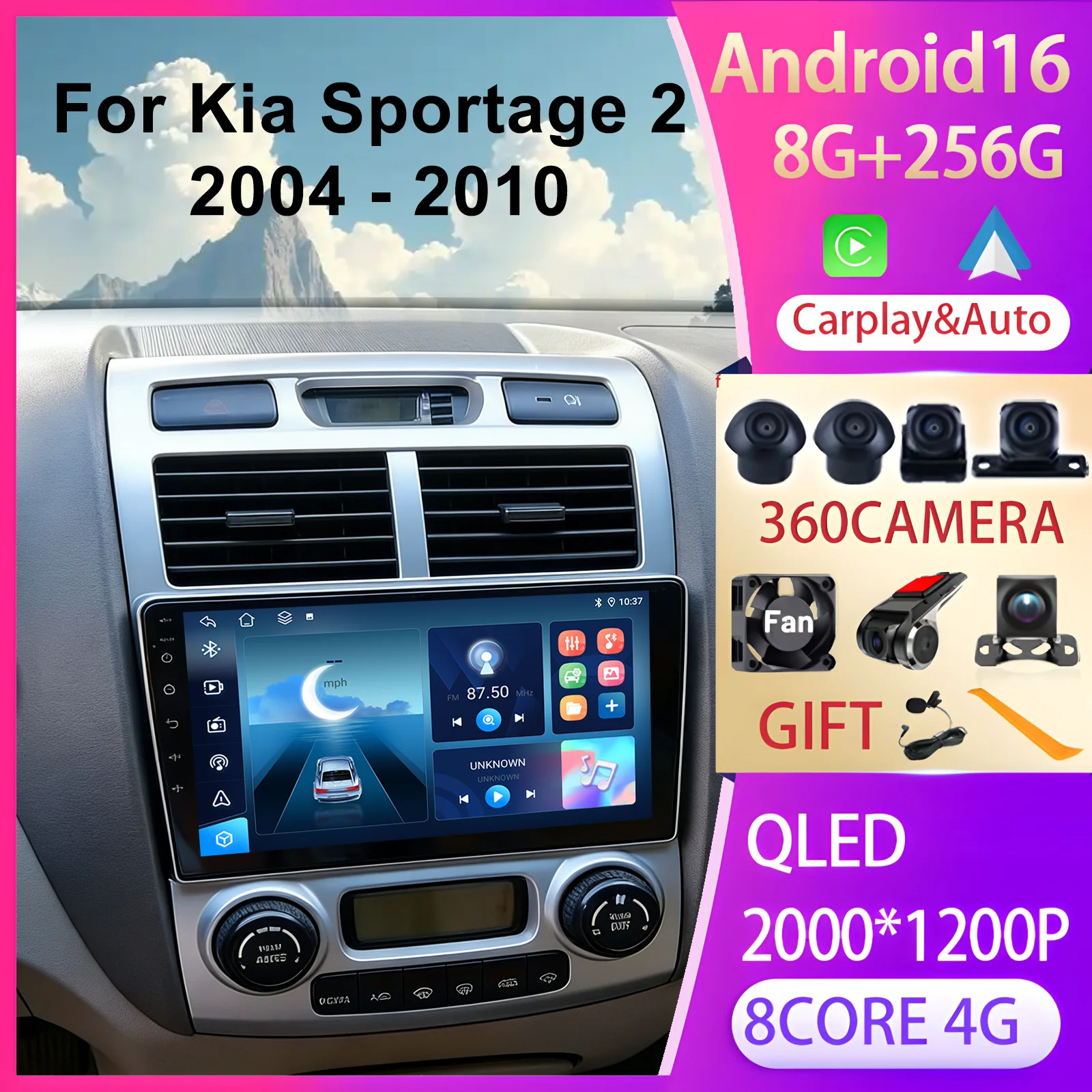 

Android 16 Car Radio Carplay Auto Multimedia Player For Kia Sportage 2 2004 - 2007 2 Din GPS Navigation Bluetooth USB Head Unit