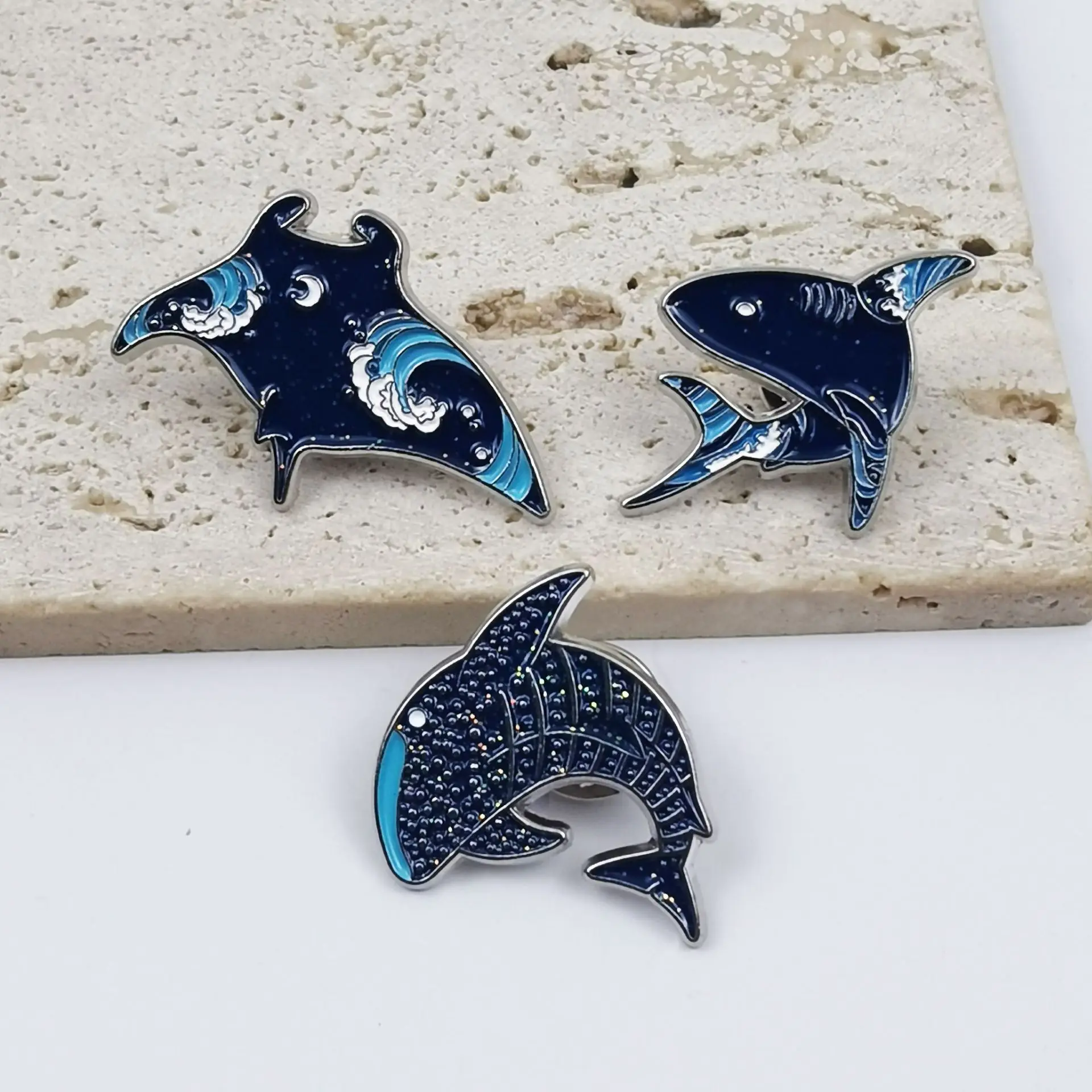 Cute Blue Cartoon Whale Ray Shark Badge Enamel Brooch Pins Creative Backpack Clothing Lapel Pin Accessory Ornament Gift For Frie