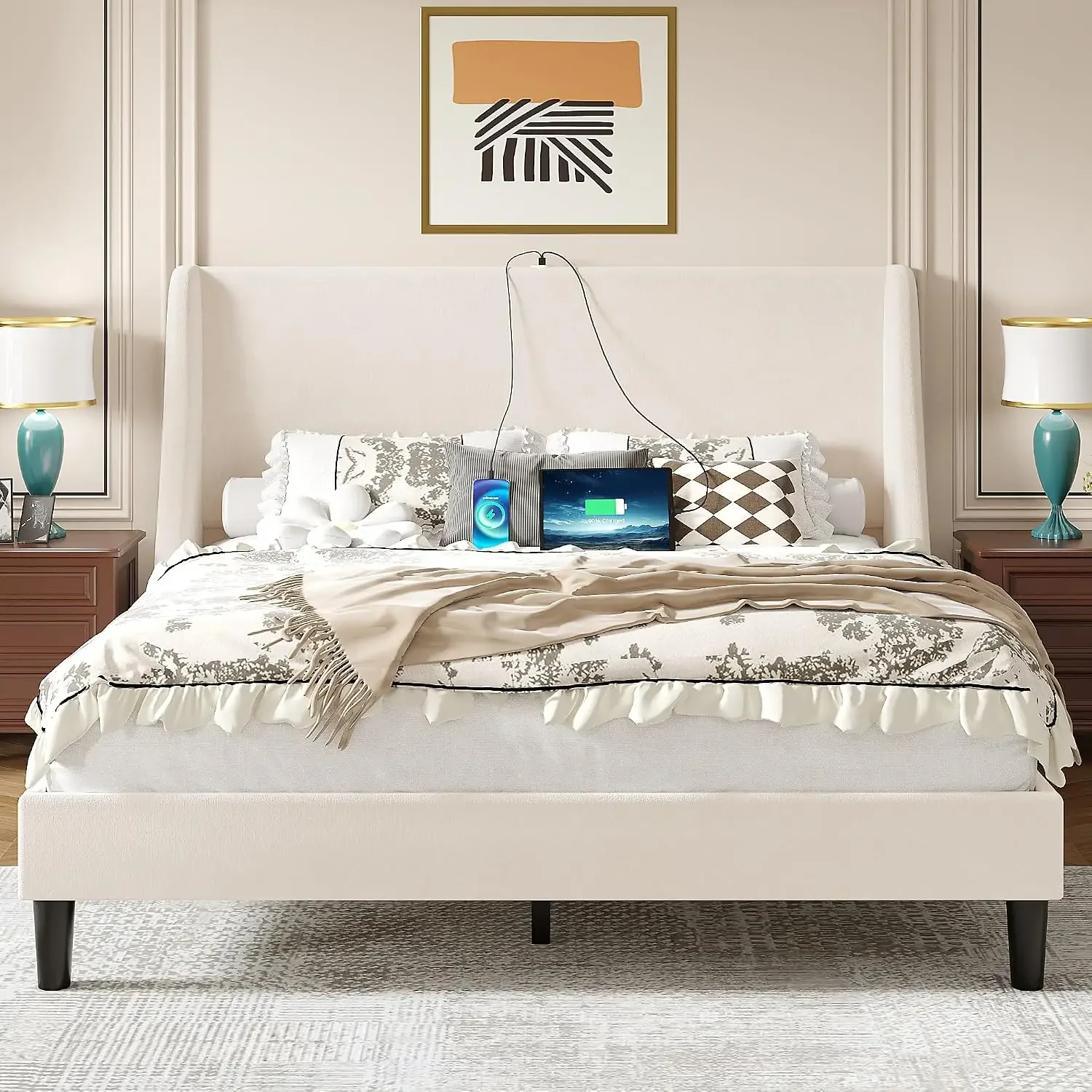 Queen Bed Frame with Upholstered Wingback Headboard, Heavy-Duty Platform Bedframe with Charging Station, Wooden Slats, No Box
