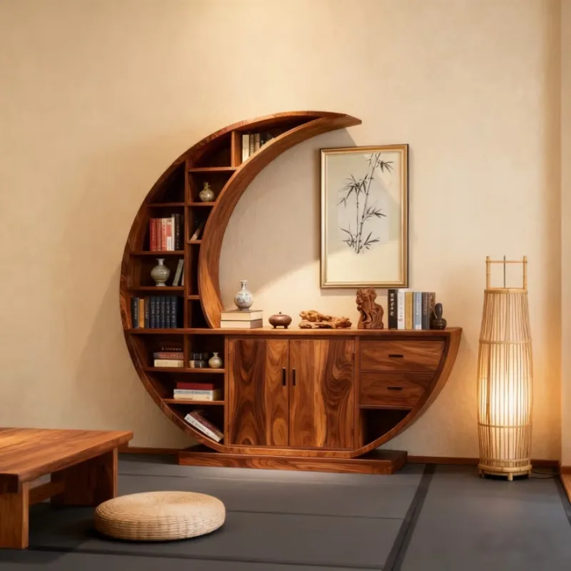 Black walnut moon shape Bogu shelf, creative Duobao Pavilion display shelf, study storage bookshelf