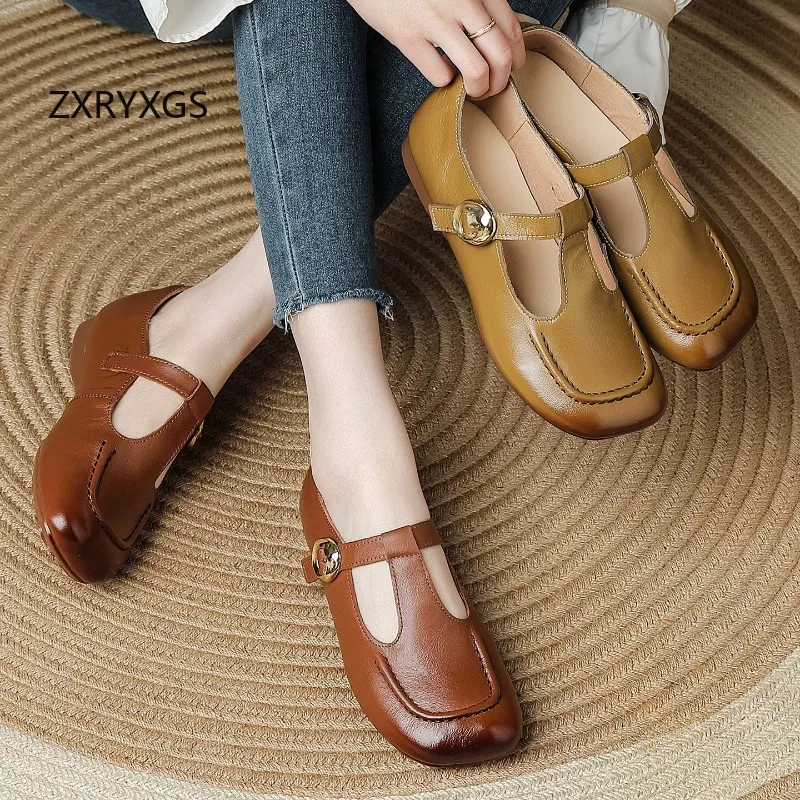 ZXRYXGS Promotion 2026 Autumn Genuine Leather Square Toe Women Flat Shoes Elegant Comfort Soft Sole Flats Fashion Casual Shoes