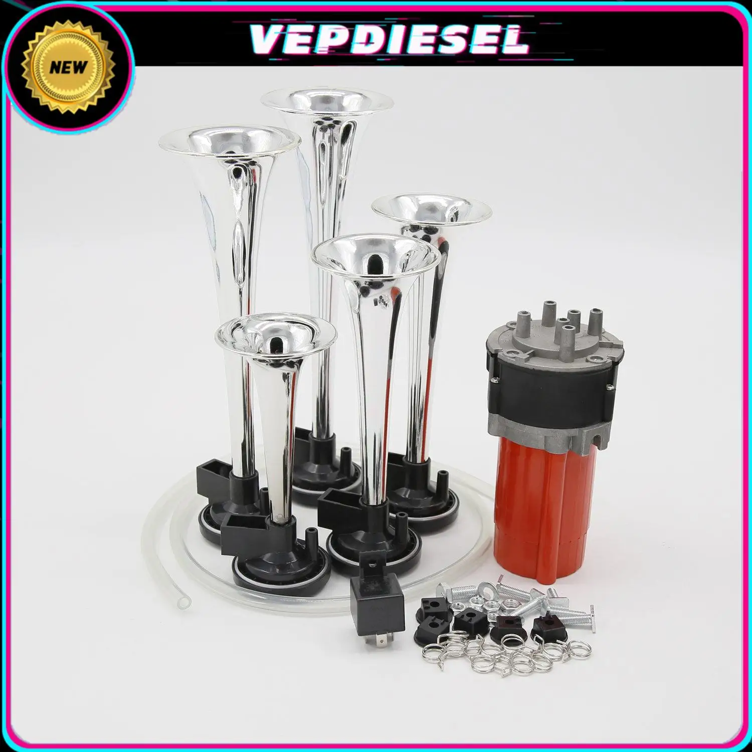 

1set 12V 130DB 20A 5 Silver Chrome Trumpet Musical Air Horn + Compressor Kit Fits For Car Truck Car Speakers Accessories Parts