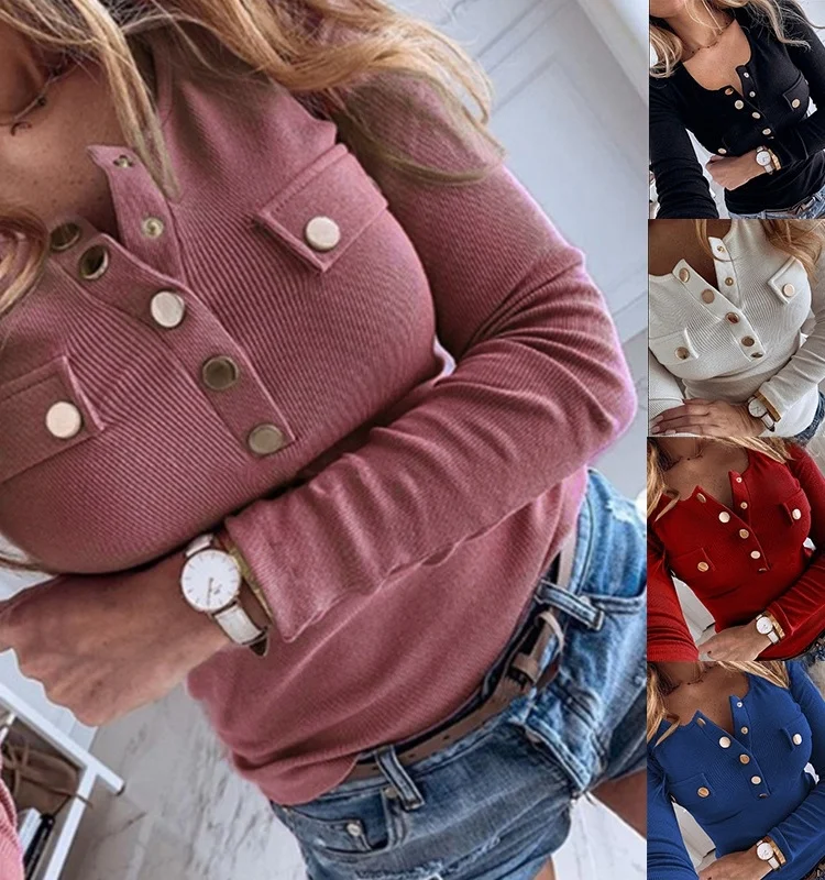 

Button ket Base Layer Pullover O-Ne ort Sve Street Sle Slim Fit Summer Sweater for Women 25-29 Years Old