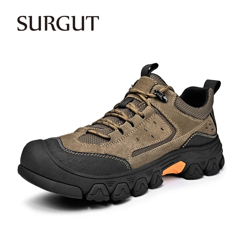SURGUT All Seasons Men Casual Shoes Nubuck Cow Leather Slip-Resistant Toe Protection Mountain Trekking Size 38-44