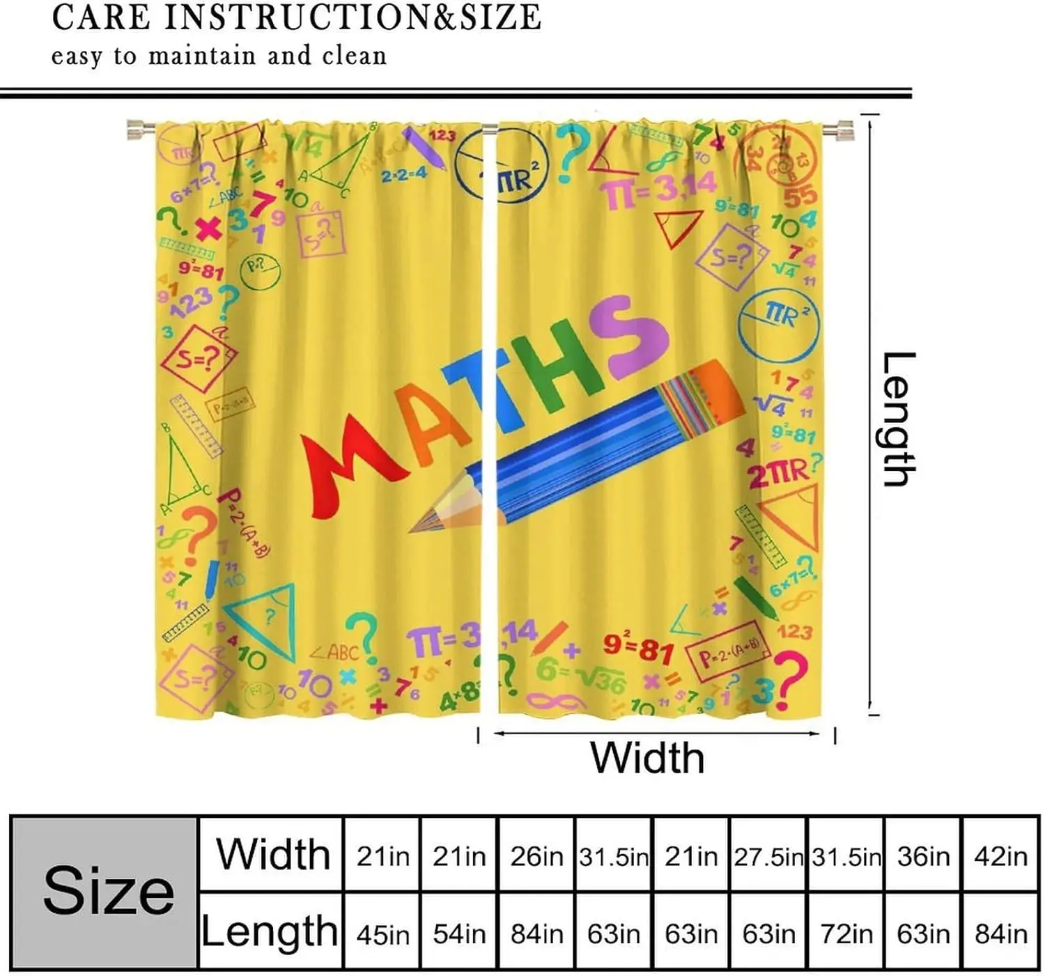 2pcs Yellow Math Equations Curtain Pair Fun STEM Pi Geometry Homework Classroom Window Decor Panel Academic Learning Design