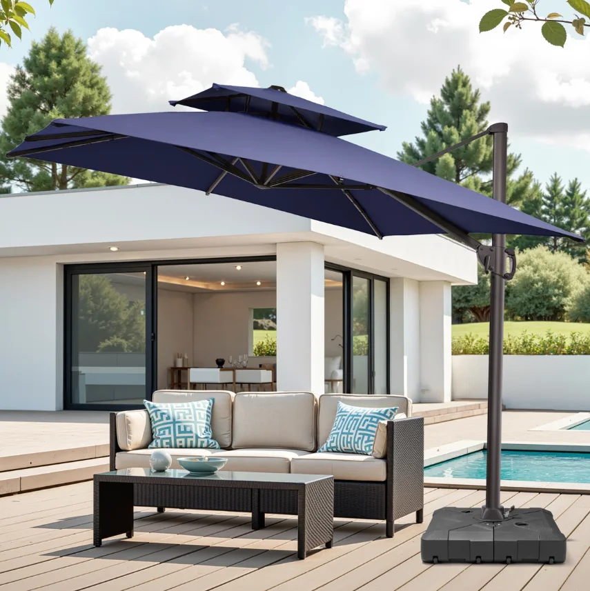 

！@Dark Blue Aluminum Frame Square Parasol Crank Lift Sunshade Waterproof Rotational Tilt Outdoor Patio Roman Umbrella