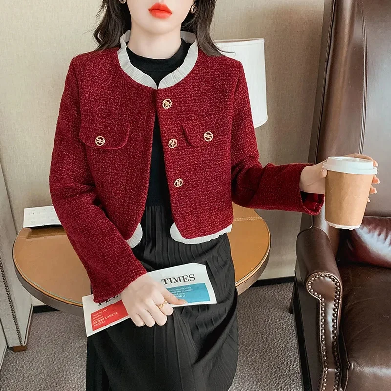 Wine Red Small Fragrance Short Coat Women Spring New High Quality Long-sleeved O Neck French Sweet Tweed Jacket Female Outerwear