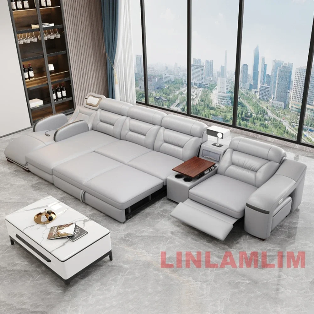 Linlamlim Modern Convertible Leather Sofa Bed, Sectional Sofa with Reclining Seats and stools, Comfortable Multifunctional Couch