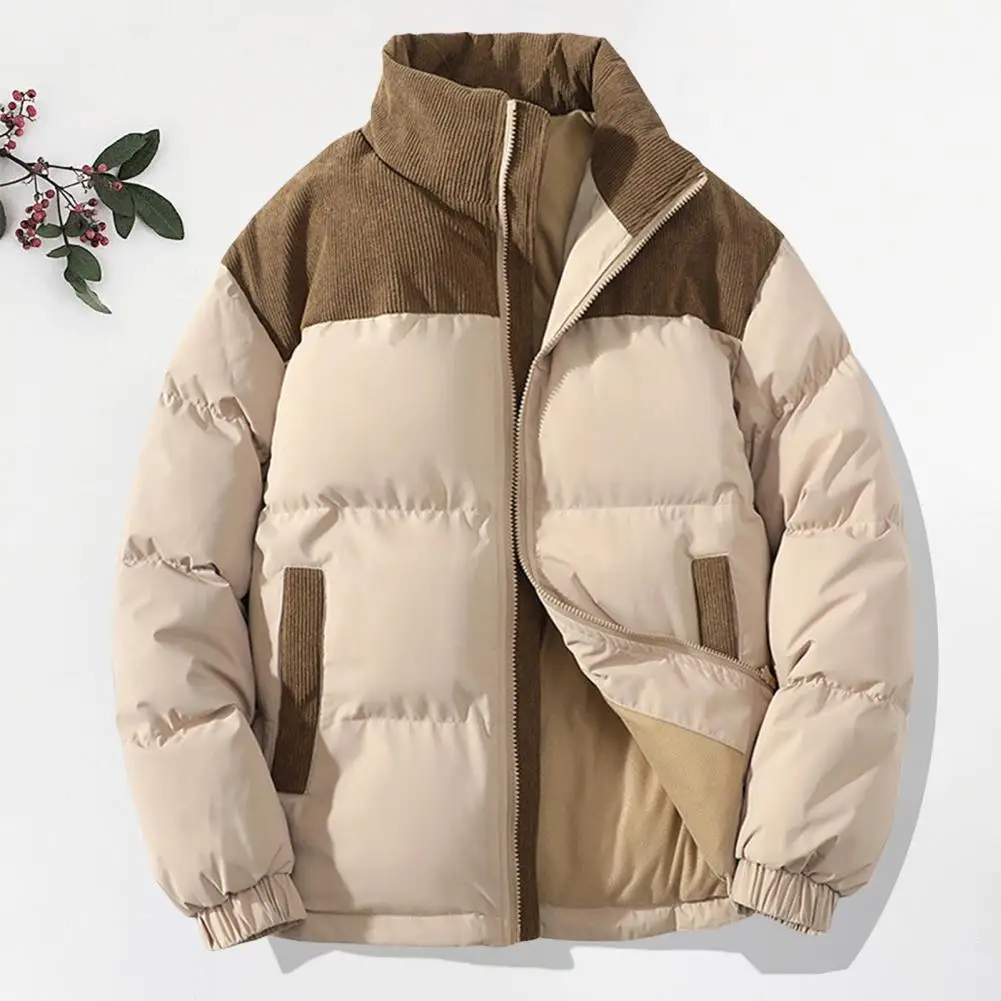 Winter Jacket Men's Corduroy Cotton Coat with Stand Collar Patchwork Design Pockets Thickened Warm Outwear for Winter Women Cozy