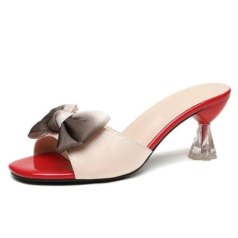 

Women's Satin Bow Crystal Cone Heel Mule Sandals, Open Toe Slip-On High Heels for Summer Dating, Party & Vacation
