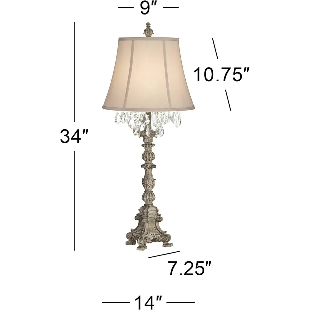 مصباح شمعدان كريستالي على طراز كوخ ريفي فرنسي مع لمسة نهائية بيضاء عتيقة وظل جرس بيج، بطول 34 بوصة،