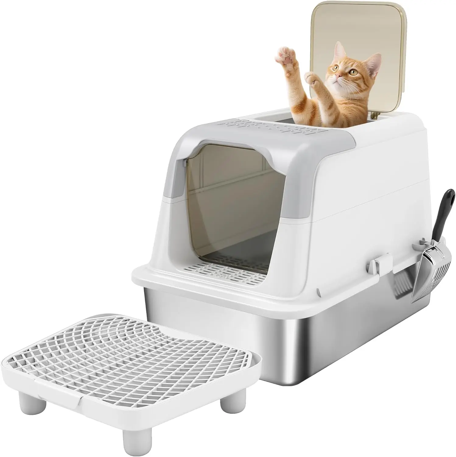 

Stainless Steel Litter Box, Extra Large Enclosed Cat Litter Box with Front-Entry and Top-Exit, Scoop, Deodorizer Bag, S