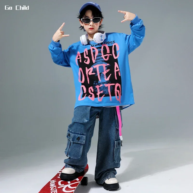 Kids Hip Hop Cool Sweatshirt Boys Pocket Denim Cargo Pants Girls Street Dance Pullover Streetwear Child Jazz Costume Clothes Set