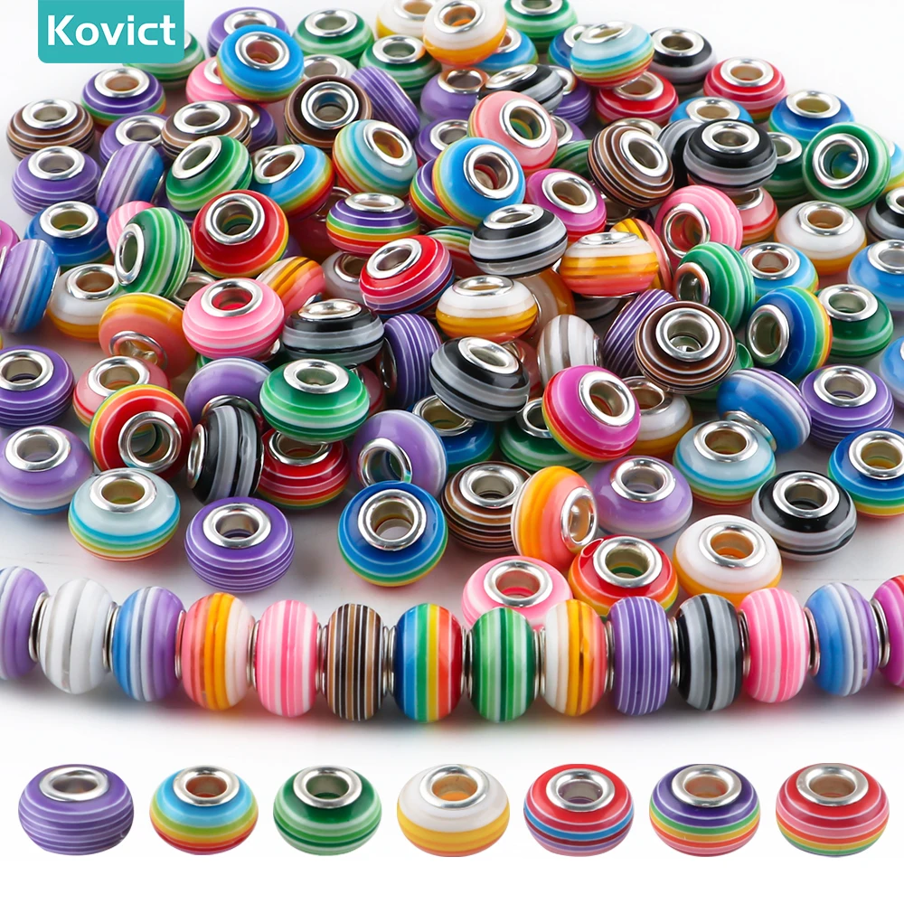 

20/50Pcs 14mm Colorful Rainbow Stripe Big Hole Round Resin Beads Spacer Bead Fit DIY Bracelet Hair Beads Necklace Jewelry Crafts