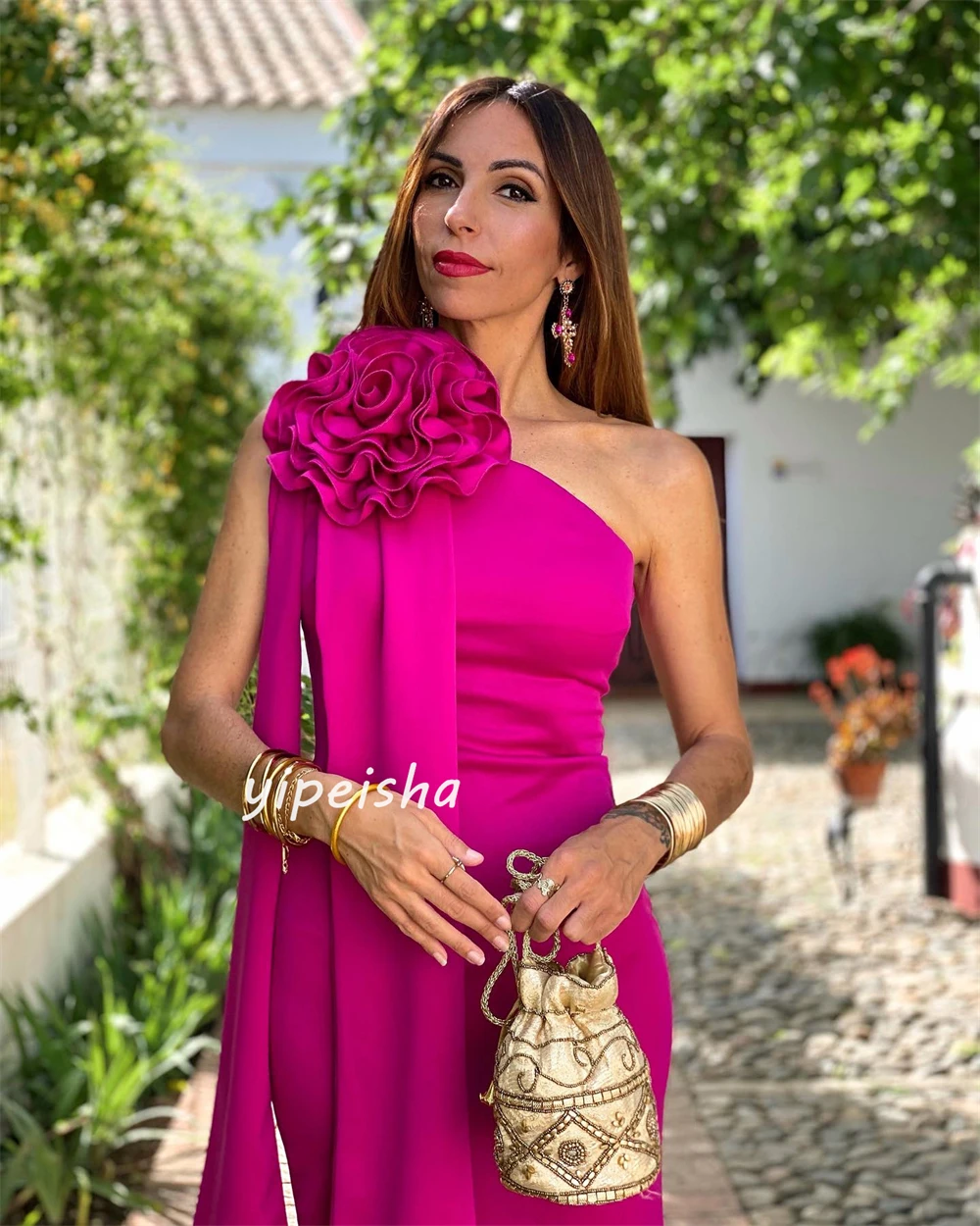 Saudi Arabia Ball Dress Evening Jersey Handmade Flower Engagement A-line One-shoulder Bespoke Occasion Gown Midi Dresses