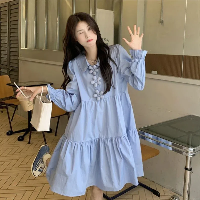 

Blue Long Sleeve Shirt Dress Spring Autumn New Polo Neck Solid Patchwork Pleated Korean Mini Dress Fashion Casual Women Clothing