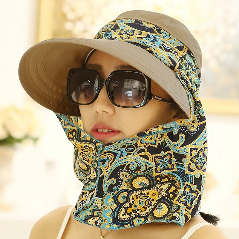 Women Anti-UV Sun Hat Beach Foldable Sunscreen Floral Print Caps Neck Face Care Wide Brim Hat New Summer Outdoor Riding