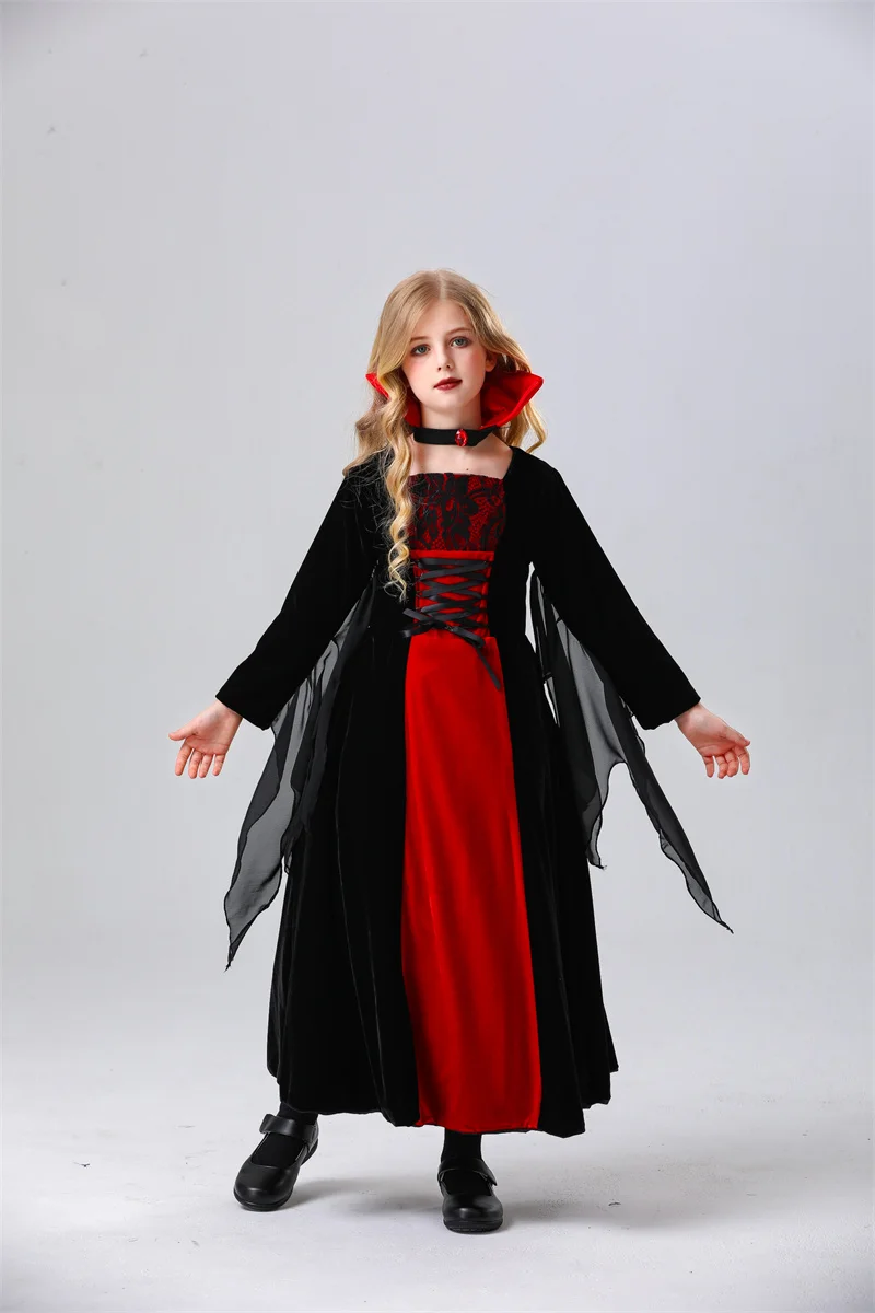 Girls Vampire Halloween Dress For Kids Ghost Brides Gothic Cosplay Vampire Costume Count Vampiran Fancy Carnival Party Outfits