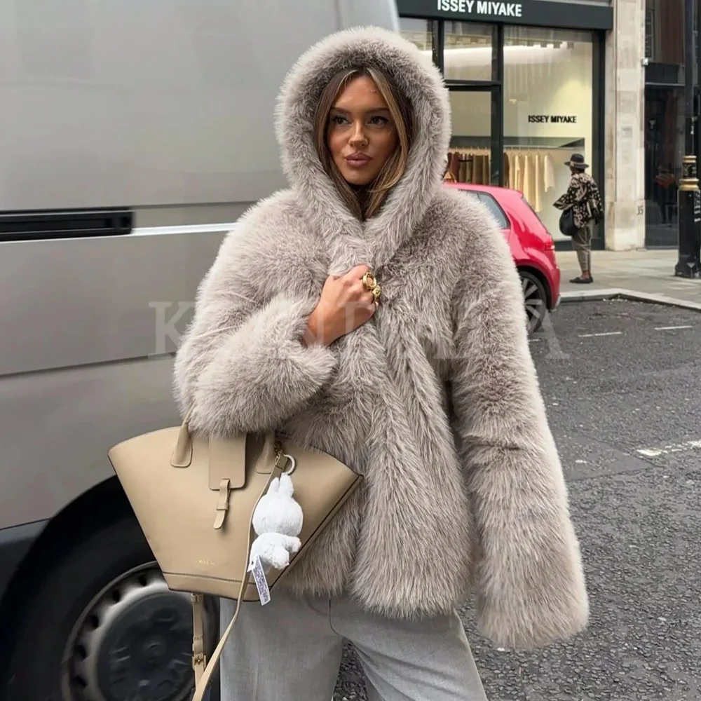 

KONDALA 2025 Fall Winter Women's Faux Fur Hooded Coats Fashion Elegant Grey Single-Breasted Ladies Warm Streetwear Jackets