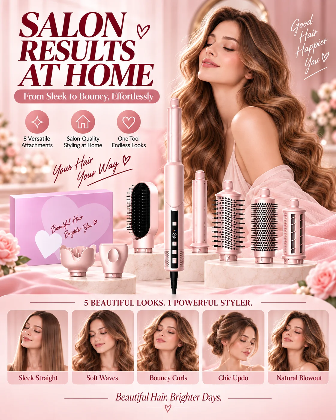 Atopskins 8-in-1 Pink Hair Dryer Multi-Function Styling Curling Comb Negative Ion 14000W Hair Blower for Beautiful Hair Tools