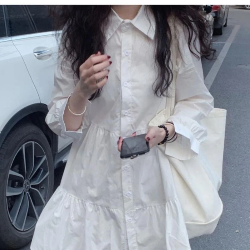 French Fashion Turn Down Collar Long Sleeve Shirt All Match Single Breasted A-line Loose Casual Dress Preppy Dress