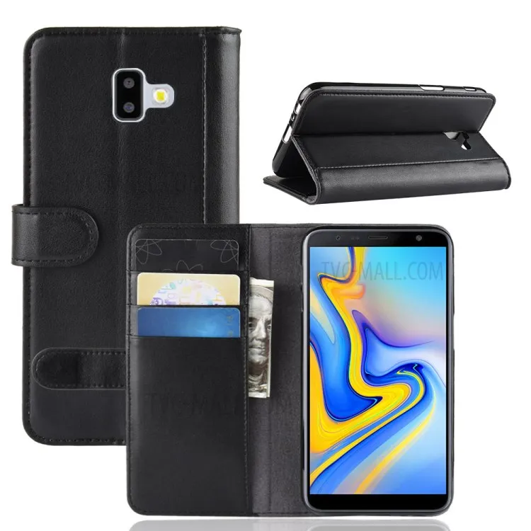 

For Samsung Galaxy J6 Plus Phone Cases Genuine Split Leather Wallet Mobile Cover Stand - Black