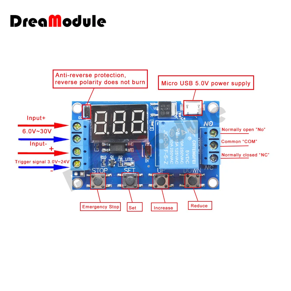 DC 6-30V Support Micro USB 5V LED Display Automation Cycle Delay Timer Control Off Switch Delay Time Relay Module 6V 9V 12V 24V