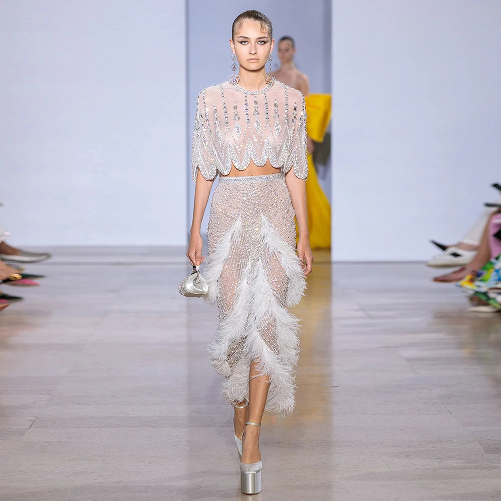 

Шарон Саид Роскошное Дубайское вечернее платье из двух частей с белыми перьями для женщин Свадебные бусы Короткие платья для выпускного вечера SS363 по индивидуальному заказу