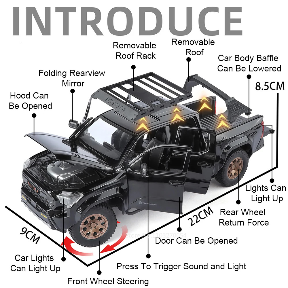 Tacoma Land Cruiser 80 de aleación 1:24, modelo de juguete fundido a presión, puertas de coche, sonido abierto, luz, vehículos en miniatura, regalo de Navidad para niño