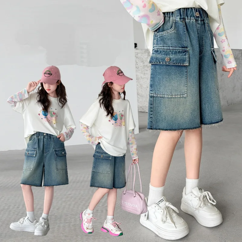 Kids Summer Cargo Denim Shorts with Side Pockets for Teens Girl Casual Straight Pants Capris Tweens Child Mid-Calf Short Jeans